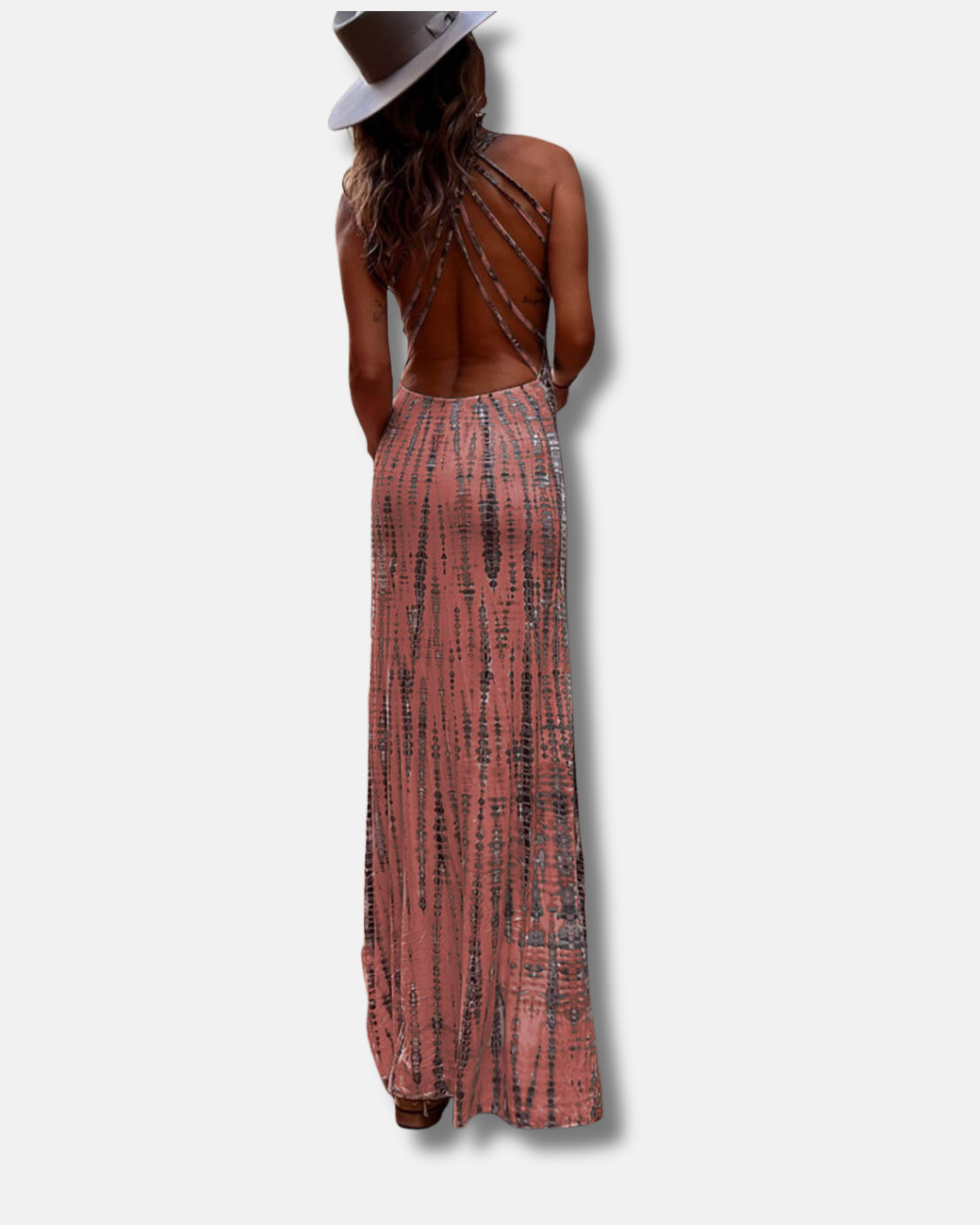 Vestido largo elástico con cordones y espalda estampada