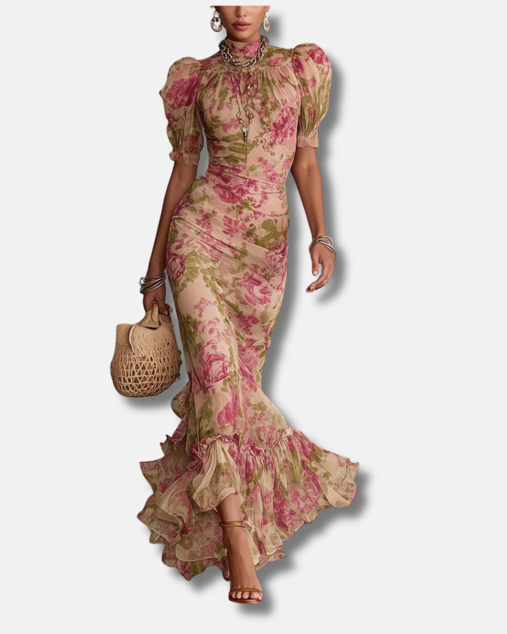Fiora | Vestido largo con estampado vintage de rosas y mangas abullonadas