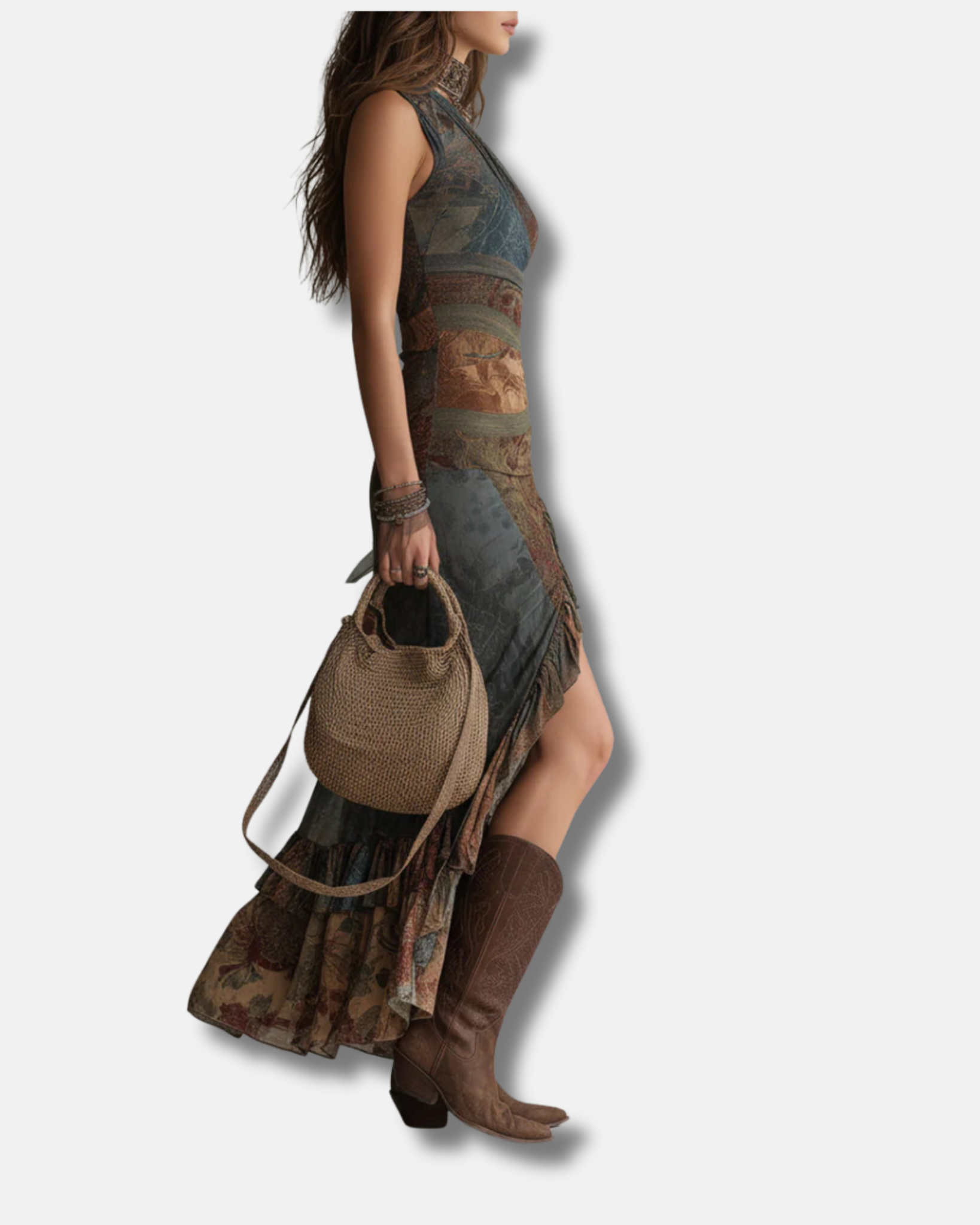 Elena | Vestido largo asimétrico con estampado étnico y abertura alta