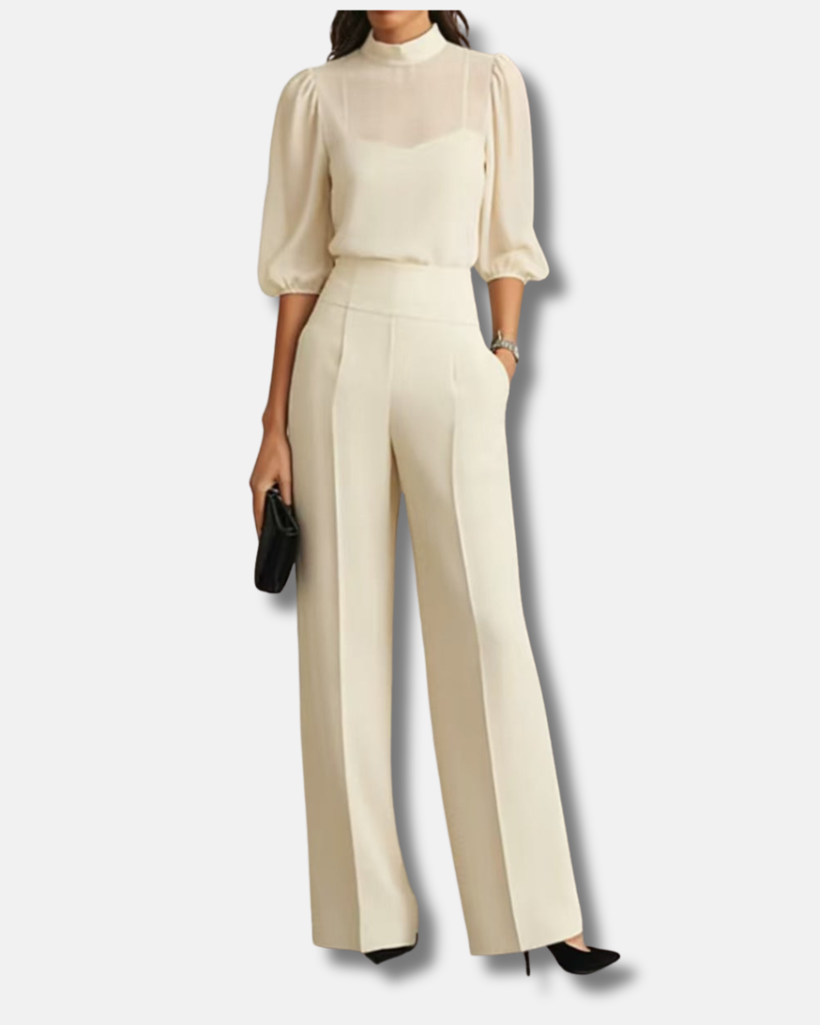 Valentina | Conjunto de tres piezas en negro, top y pantalones de pierna ancha