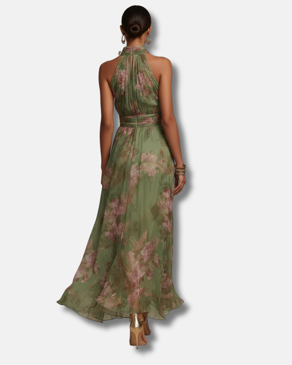 Serena | Vestido largo verde con estampado floral y cuello halter