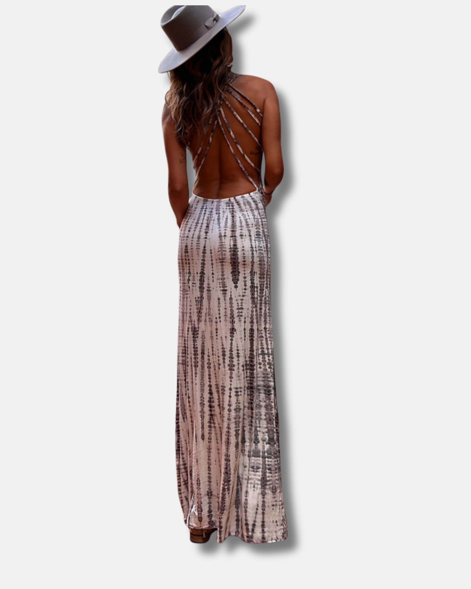 Vestido largo elástico con cordones y espalda estampada