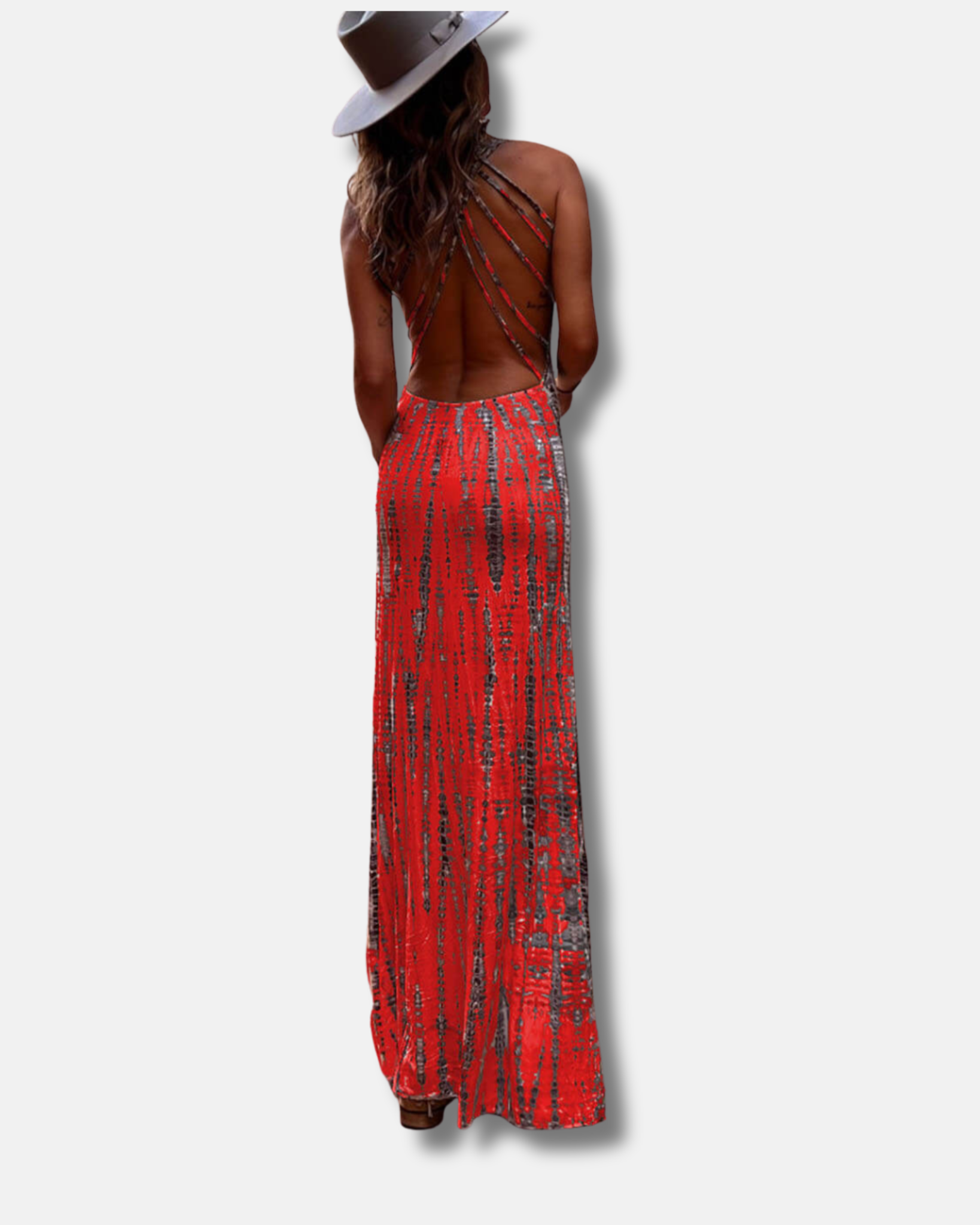 Vestido largo elástico con cordones y espalda estampada