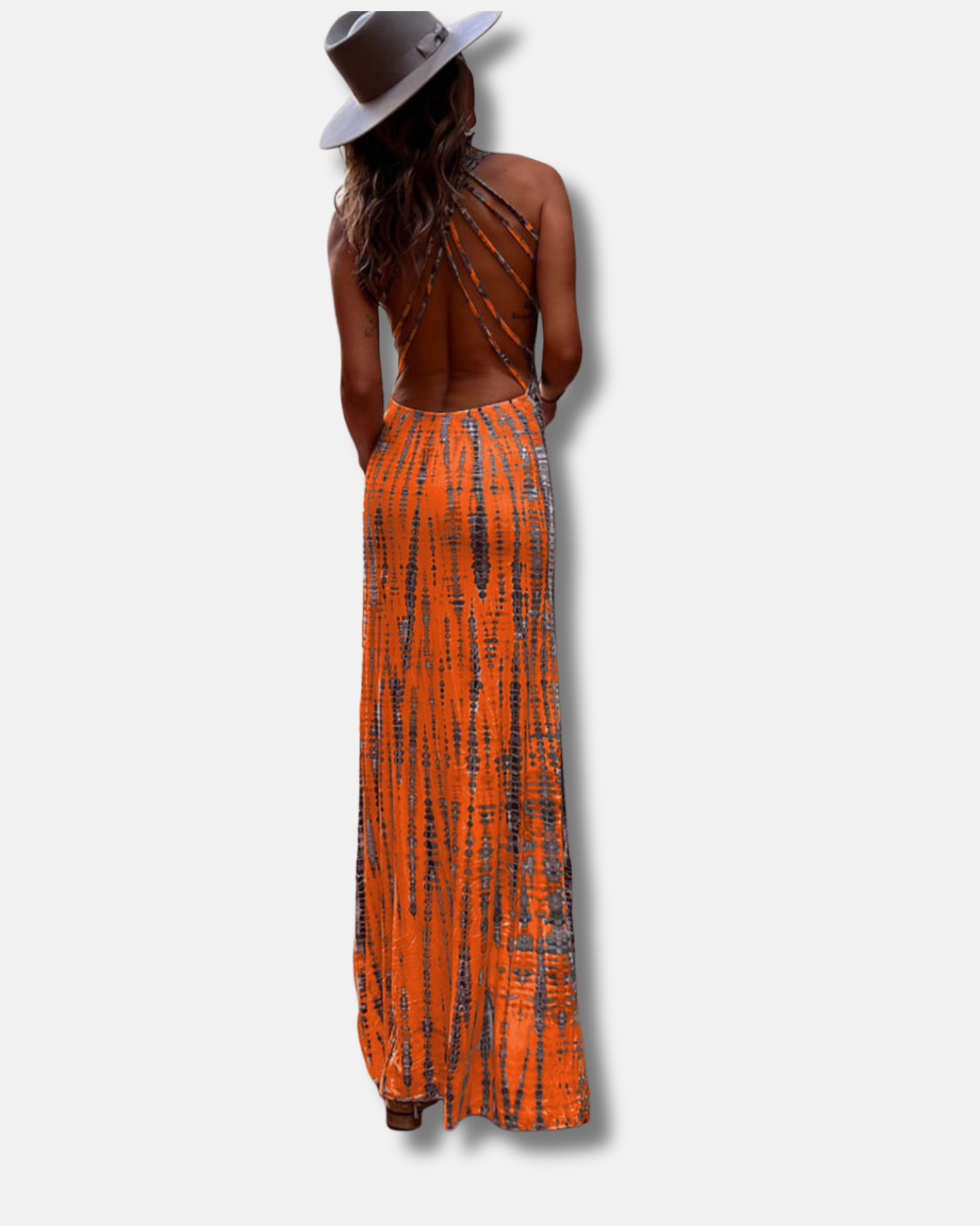 Vestido largo elástico con cordones y espalda estampada