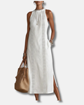 Jimena | Vestido midi de lino con cuello mao