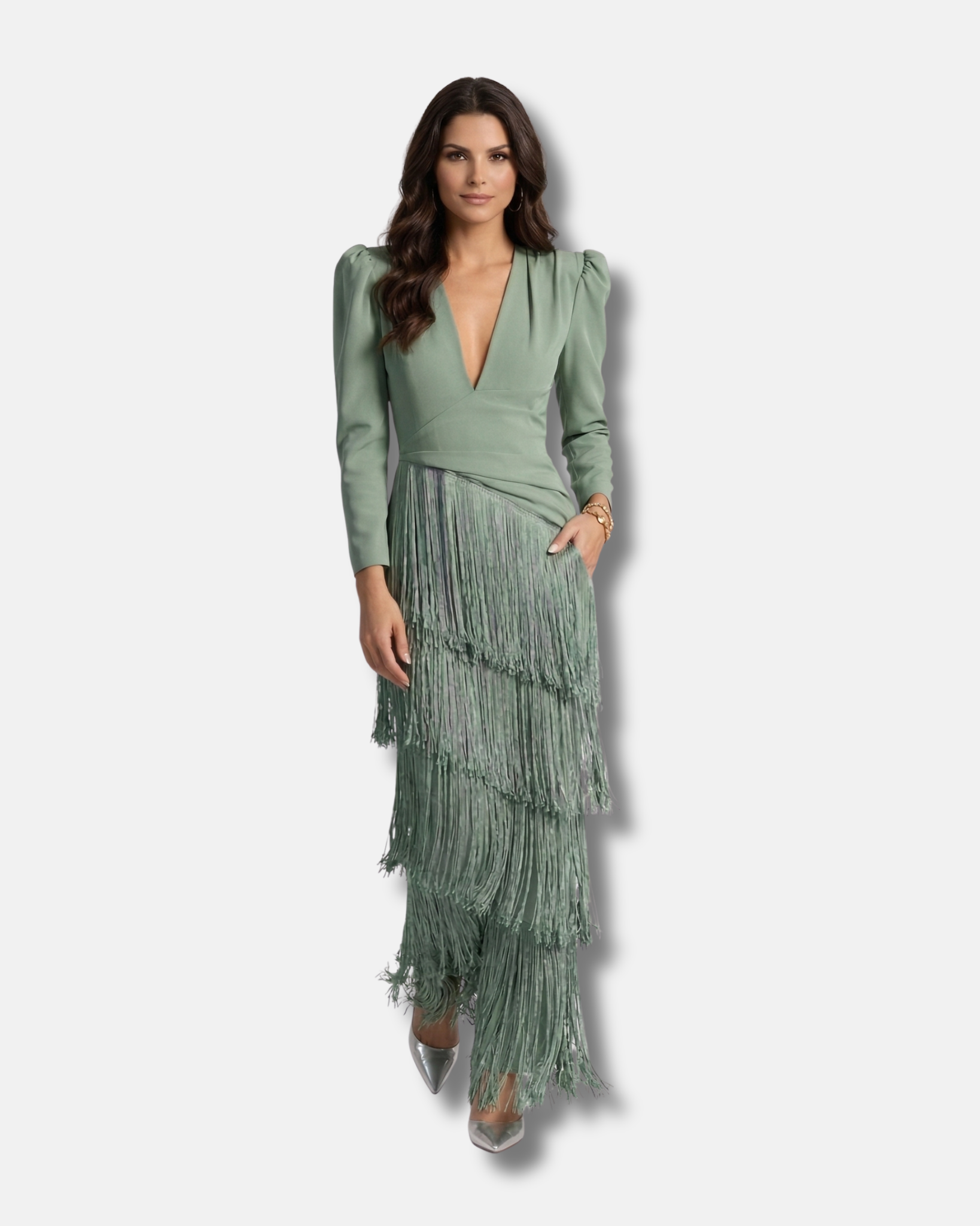 Clara  | Elegante vestido midi con mangas de flecos